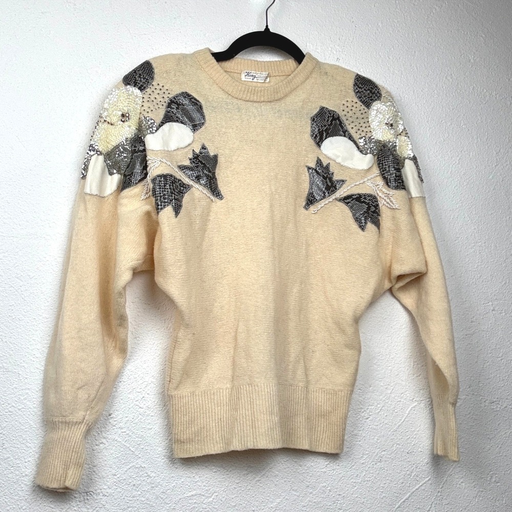 King Cream Beaded Sweater - M - Vintage Lambswool Snakeskin Sequin #Vintage #80s